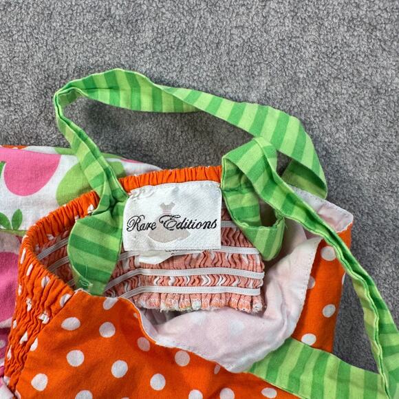 Rare Editions Apple Shirt Ruffle Smocked Girls 3T Orange Green Pink Polka Dot - Picture 6 of 7
